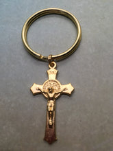 Load image into Gallery viewer, Benedictine Crucifix key ring. Gold tone.
