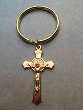 Load image into Gallery viewer, Benedictine Crucifix key ring. Gold tone.