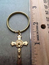 Load image into Gallery viewer, Benedictine Crucifix key ring. Gold tone.