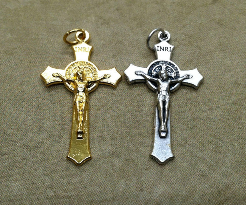 Benedictine Crucifix, silver ox or gold tone, abt 1.5 in tall