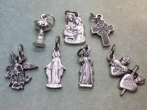 Catholic charms - Eucharist, St Michael the Archangel, OL of Grace, Divine Mercy, Celtic Cross, Sacred & Immaculate Hearts, Holy Family