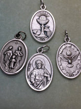 Load image into Gallery viewer, Choice -- Eucharist w Holy Spirit OR Sacred Heart OR Holy Family holy medal
