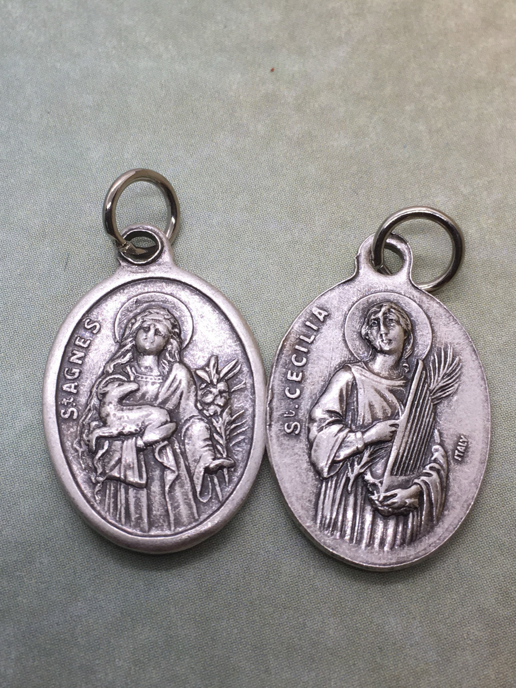 St. Agnes & St. Cecilia silver oxide holy medal
